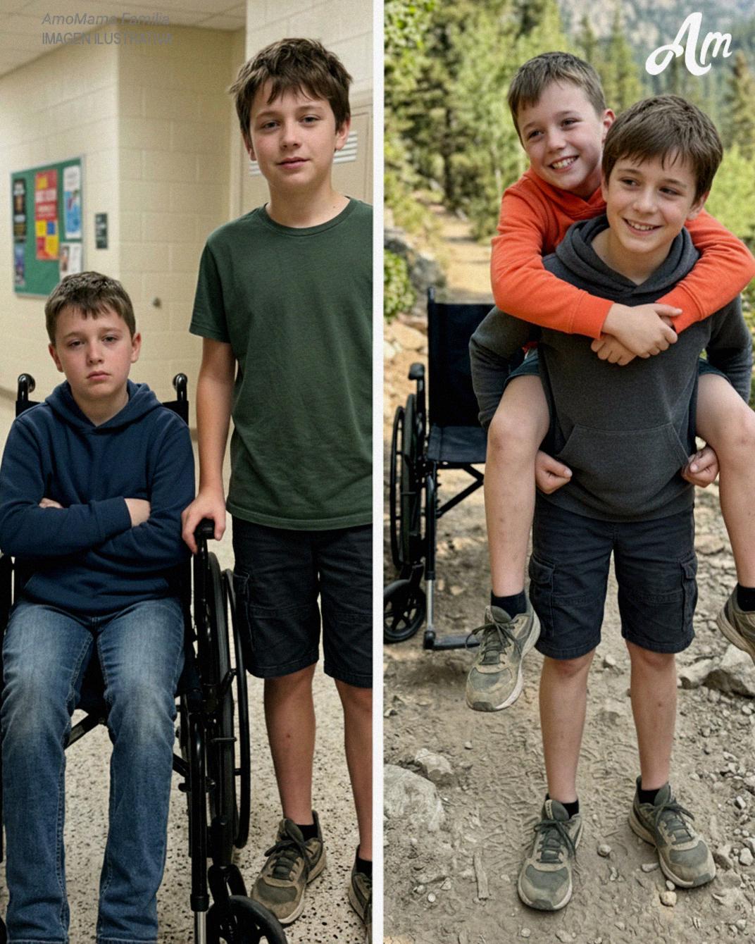Mi hijo de 12 años llevó a su amigo en silla de ruedas en la espalda durante un viaje de campamento para que no se sintiera excluido – Al día siguiente, el director me llamó y dijo: “Tienes que venir de prisa a la escuela ahora”