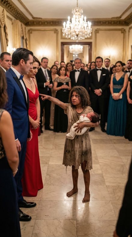 LA NIÑA SIN HOGAR LEVANTÓ AL BEBÉ ENTRE LA BASURA… Y HORAS DESPUÉS ENTRÓ EMPAPADA A LA FIESTA DE COMPROMISO MÁS LUJOSA DE LA CIUDAD, SEÑALÓ A LA NOVIA CON EL DEDO… Y TODO EL SALÓN DEJÓ DE RESPIRAR.
