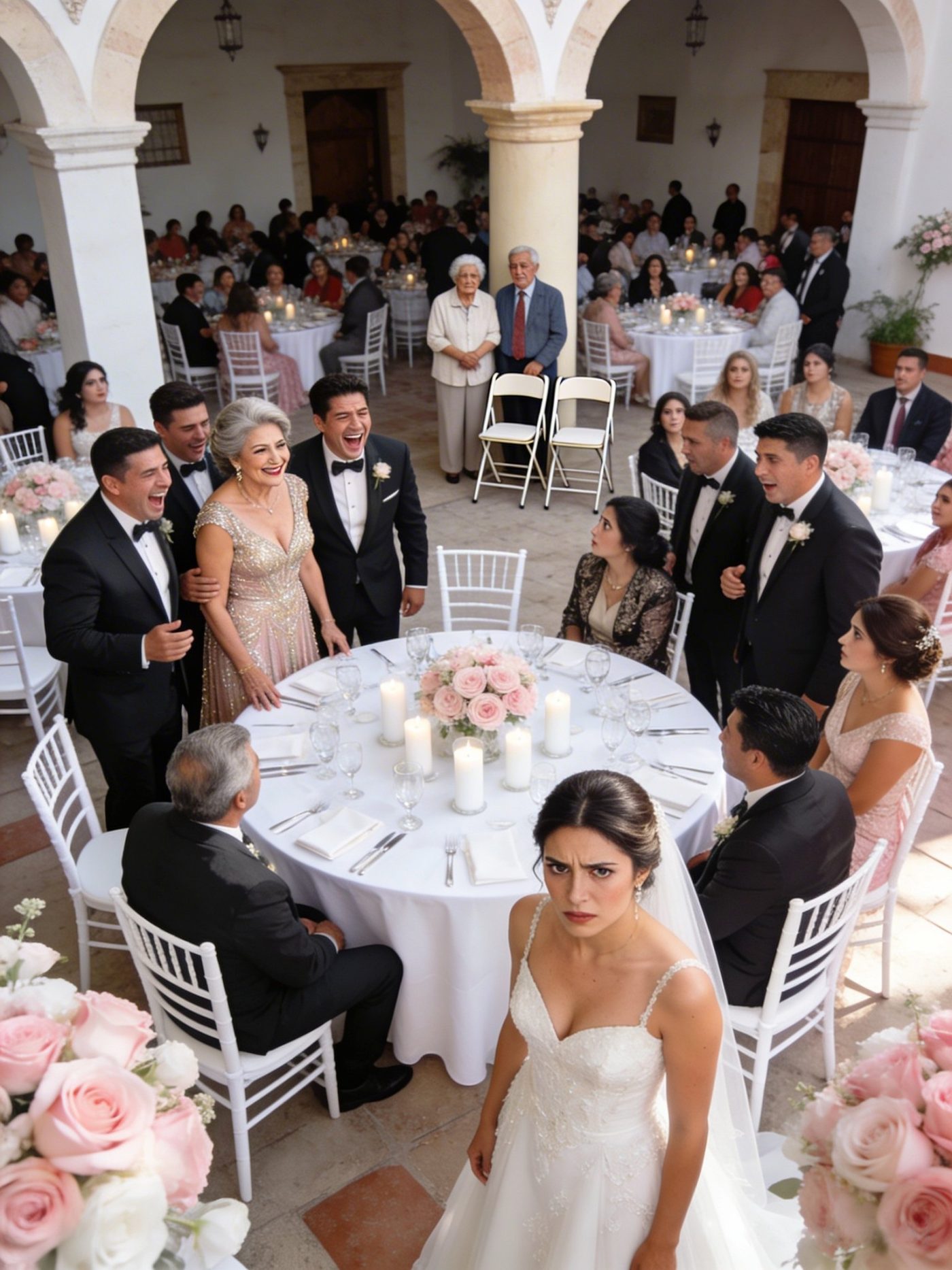 A solo quince minutos de la boda, descubrí que la mesa principal había sido cambiada: nueve asientos para la familia de mi esposo y mis padres de pie a un lado. Su madre se burló: “Qué patéticos se ven”. Entonces tomé el micrófono… y lo destruí en un instante.
