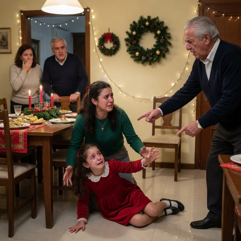 Mi papá empujó a mi hija en plena cena navideña y gritó: “Ese lugar es para mi nieta de sangre”… pero no sabía que yo llevaba una demanda en la bolsa.