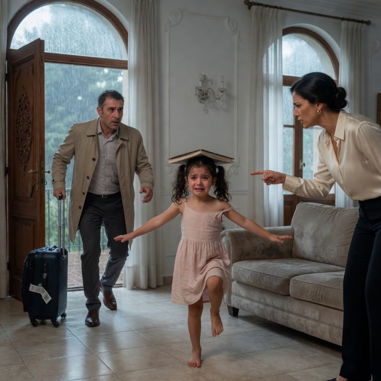 Cancelaron mi vuelo y regresé a mi mansión en silencio. Al abrir la puerta, vi a mi niña de 4 años temblando de hambre, sosteniendo un libro pesado mientras mi esposa gritaba: “Si lo dejas caer, empiezas de cero”. Mi venganza fue brutal.