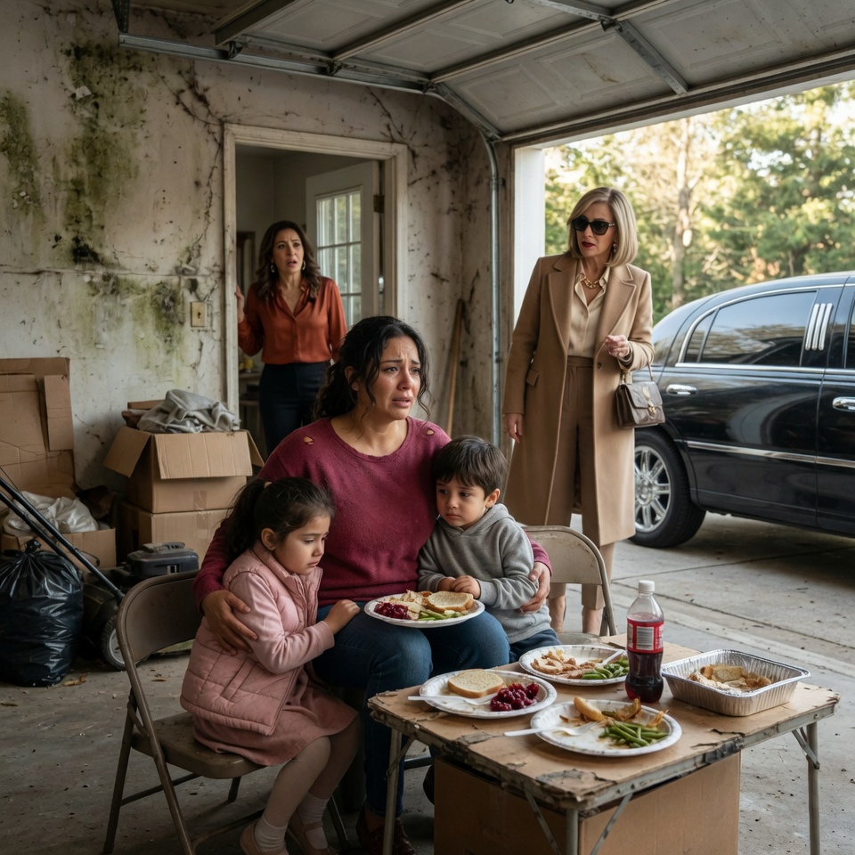 Mi hermana nos mandó a cenar en la cochera en plena Nochebuena y dijo: “Tú estás acostumbrada a las sobras”… frente a mis hijos humillados, pero no imaginó quién tocaría esa puerta minutos después.