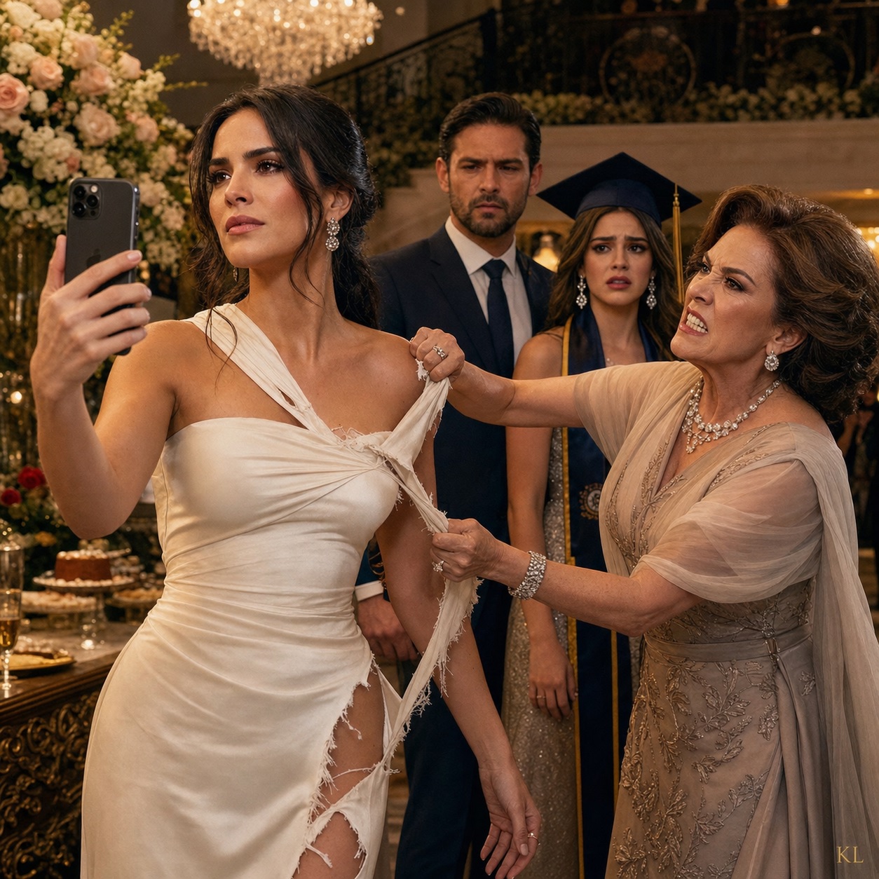 Mi suegra rompió mi vestido caro en plena fiesta de graduación universitaria de su hija, solo porque no quise comprarle un auto nuevo. Mi esposo se quedó allí, en silencio, como si no hubiera pasado nada. Pero a la mañana siguiente, él perdió su trabajo, perdió la mansión donde toda su familia vivía gracias a mí, y también perdió el auto que usaban como si fuera suyo.