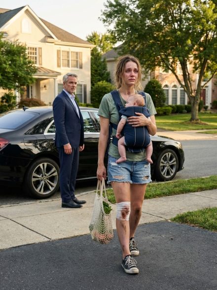 “¿Dónde está tu coche?” La voz de mi padre era como hielo mientras miraba mi tobillo hinchado y morado y las pesadas bolsas de la compra que arrastraba mientras abrazaba a mi bebé. Susurré la verdad: que mi suegra me había quitado las llaves para mantenerme atrapado. No gritó. Él simplemente abrió la puerta y dijo: “Entra. Esta noche, arreglamos esto.” No tenían ni idea de quién era realmente mi padre—hasta que llegó.