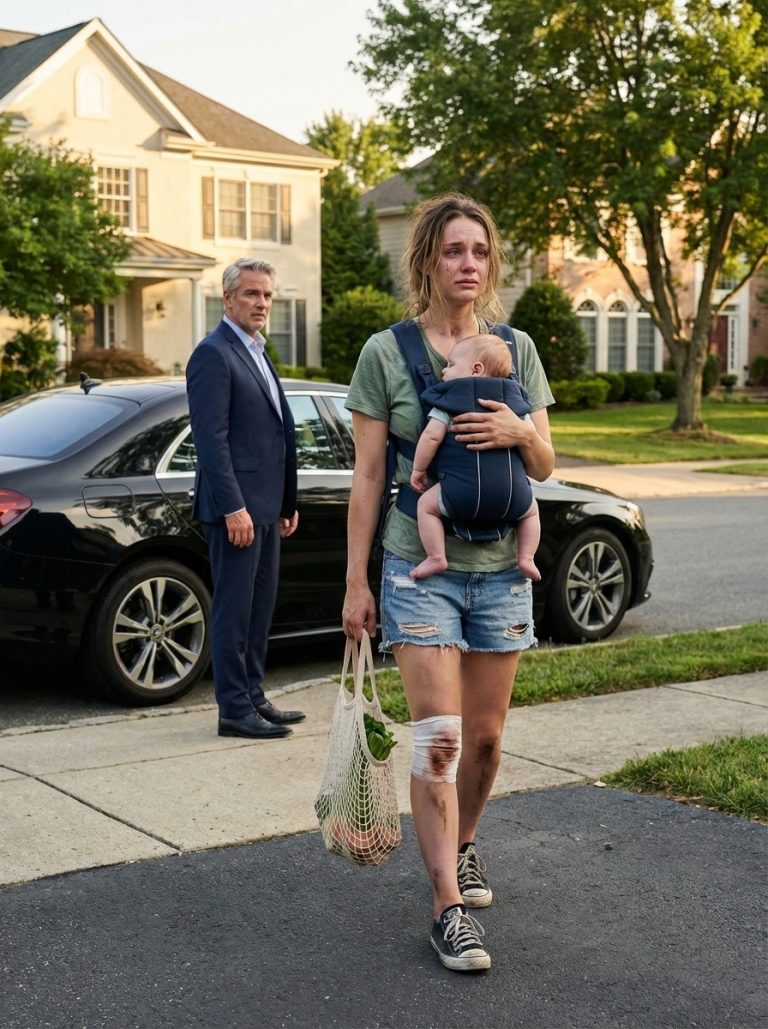 “¿Dónde está tu coche?” La voz de mi padre era como hielo mientras miraba mi tobillo hinchado y morado y las pesadas bolsas de la compra que arrastraba mientras abrazaba a mi bebé. Susurré la verdad: que mi suegra me había quitado las llaves para mantenerme atrapado. No gritó. Él simplemente abrió la puerta y dijo: “Entra. Esta noche, arreglamos esto.” No tenían ni idea de quién era realmente mi padre—hasta que llegó.