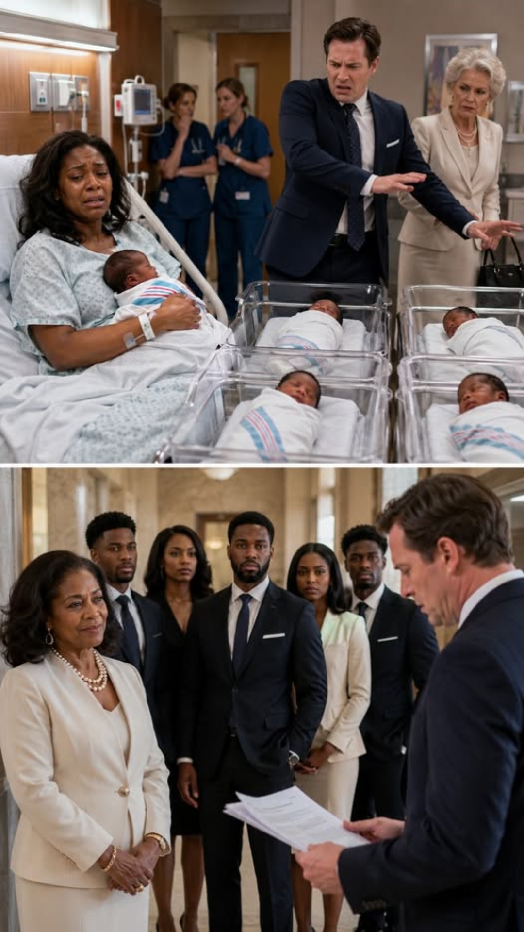 Los 5 bebés en las cunas eran negros. Mi esposo los miró una sola vez y gritó: “¡No son mis hijos!”. Luego salió del hospital y nunca volvió. Sostuve sola a 5 recién nacidos mientras las enfermeras susurraban y las puertas se cerraban detrás de él. 30 años después, volvió a estar frente a nosotros… y la verdad que lo esperaba destruyó todo lo que creía saber.