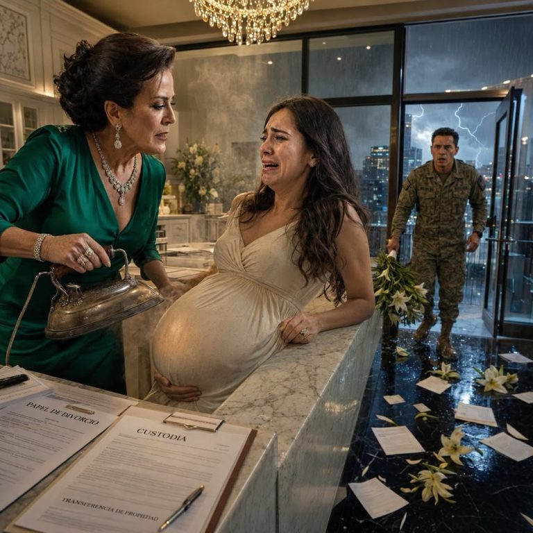 Mi Esposo Regresó Antes de Tiempo de una Misión Militar Para Sorprenderme Con Flores… Pero Entró Por La Puerta Trasera y Me Encontró Embarazada de Ocho Meses, Acorralada Por Su Madre Con Una Plancha Hirviendo Cerca de Mi Vientre