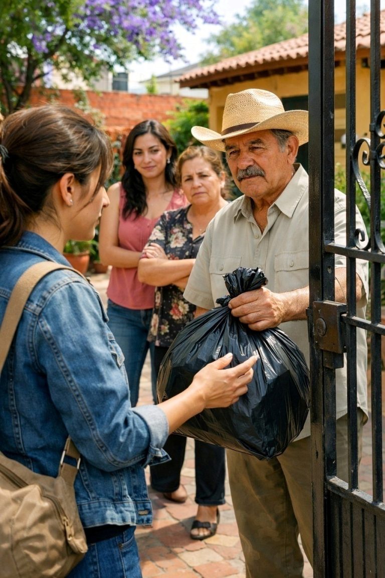 CUANDO SALÍ DE LA CASA DE MIS SUEGROS CON LAS MANOS VACÍAS, MI SUEGRO ME ENTREGÓ UNA BOLSA DE BASURA Y DIJO: “YA QUE VAS SALIENDO, TÍRALA POR MÍ.” PERO CUANDO LA ABRÍ EN LA REJA… MIS MANOS EMPEZARON A TEMBLAR