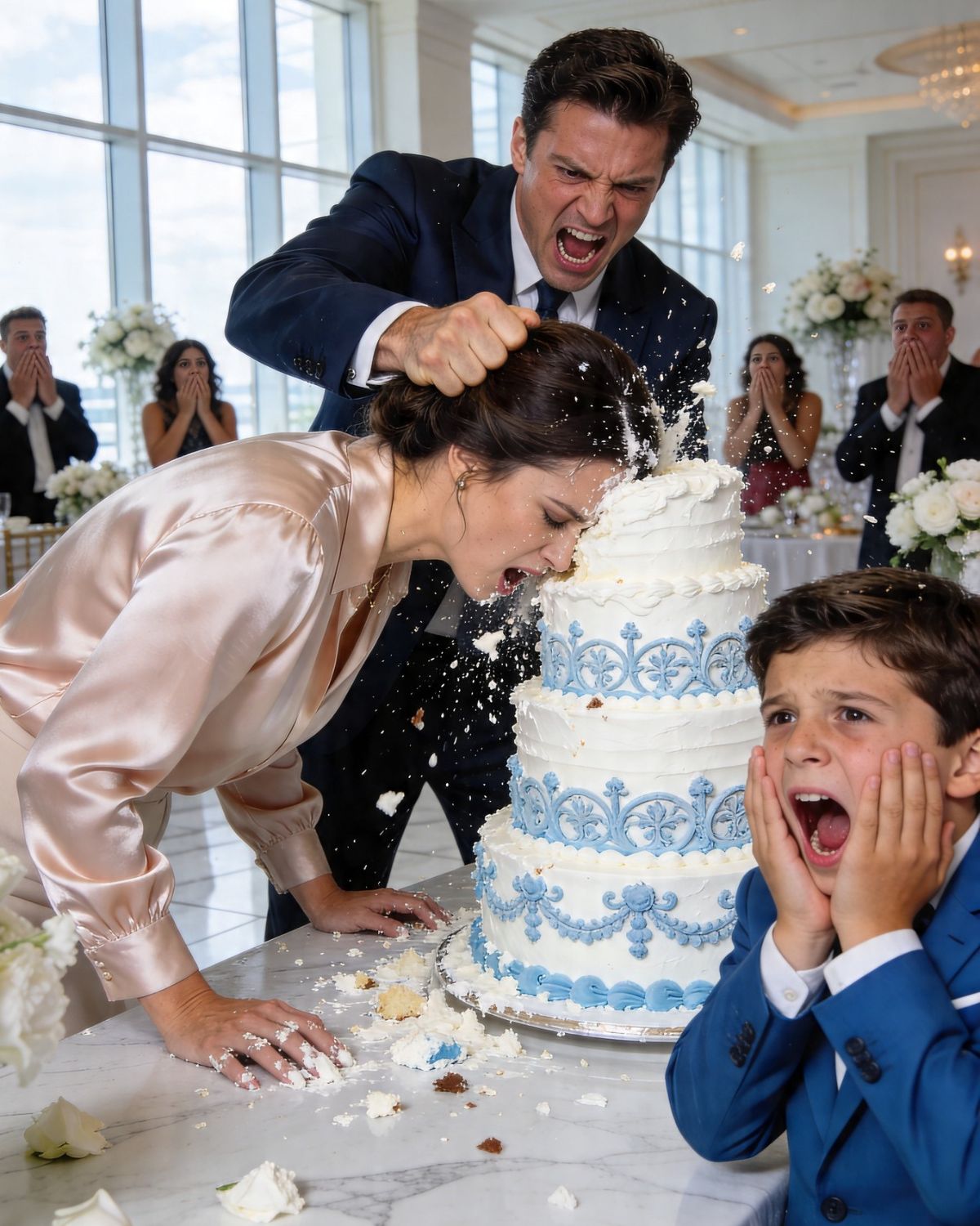En el cumpleaños de mi hijo, mi esposo me hundió la cara en el pastel y se burló de mí frente a todos, pero nadie imaginó lo que pasaría después de que las puertas del salón se abrieran.